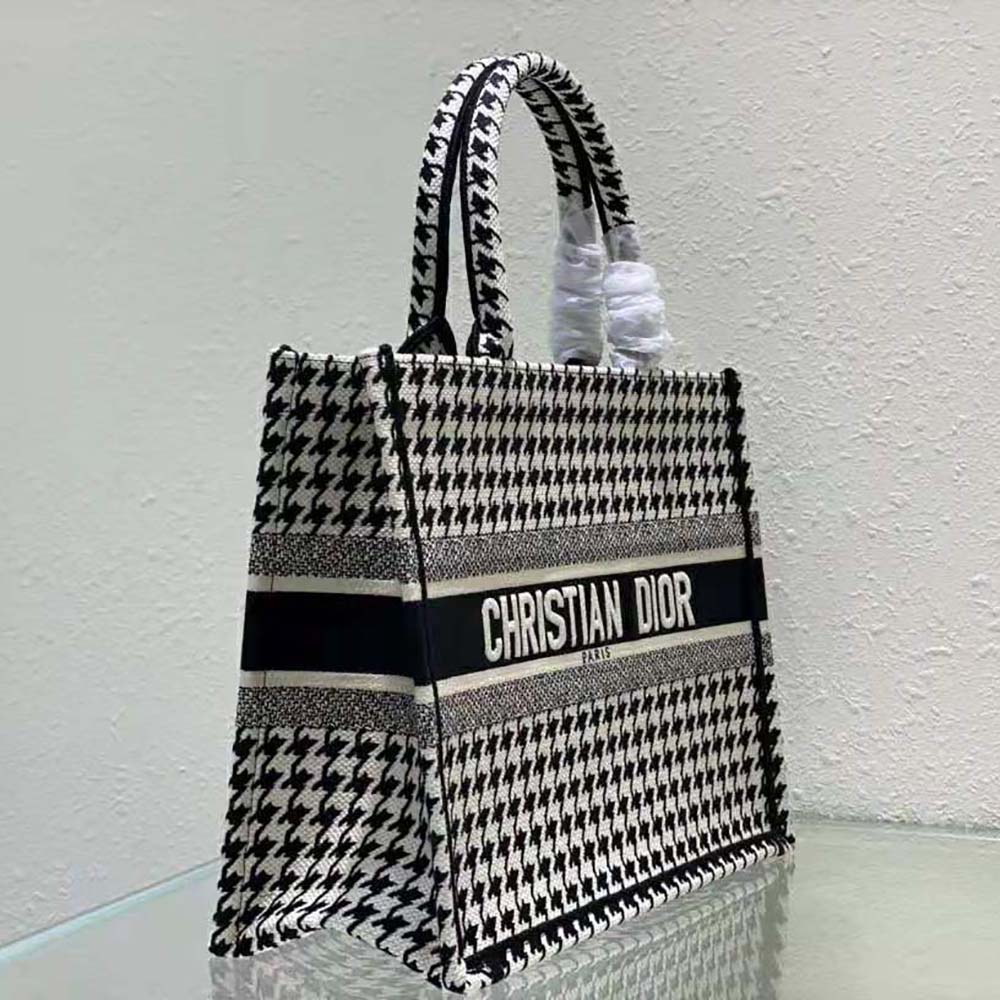Small Dior Book Tote Black and White Houndstooth Embroidery (26.5