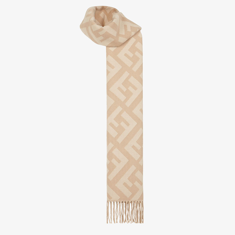 Fendi Women Long Scarf with Fringed Edges-Beige