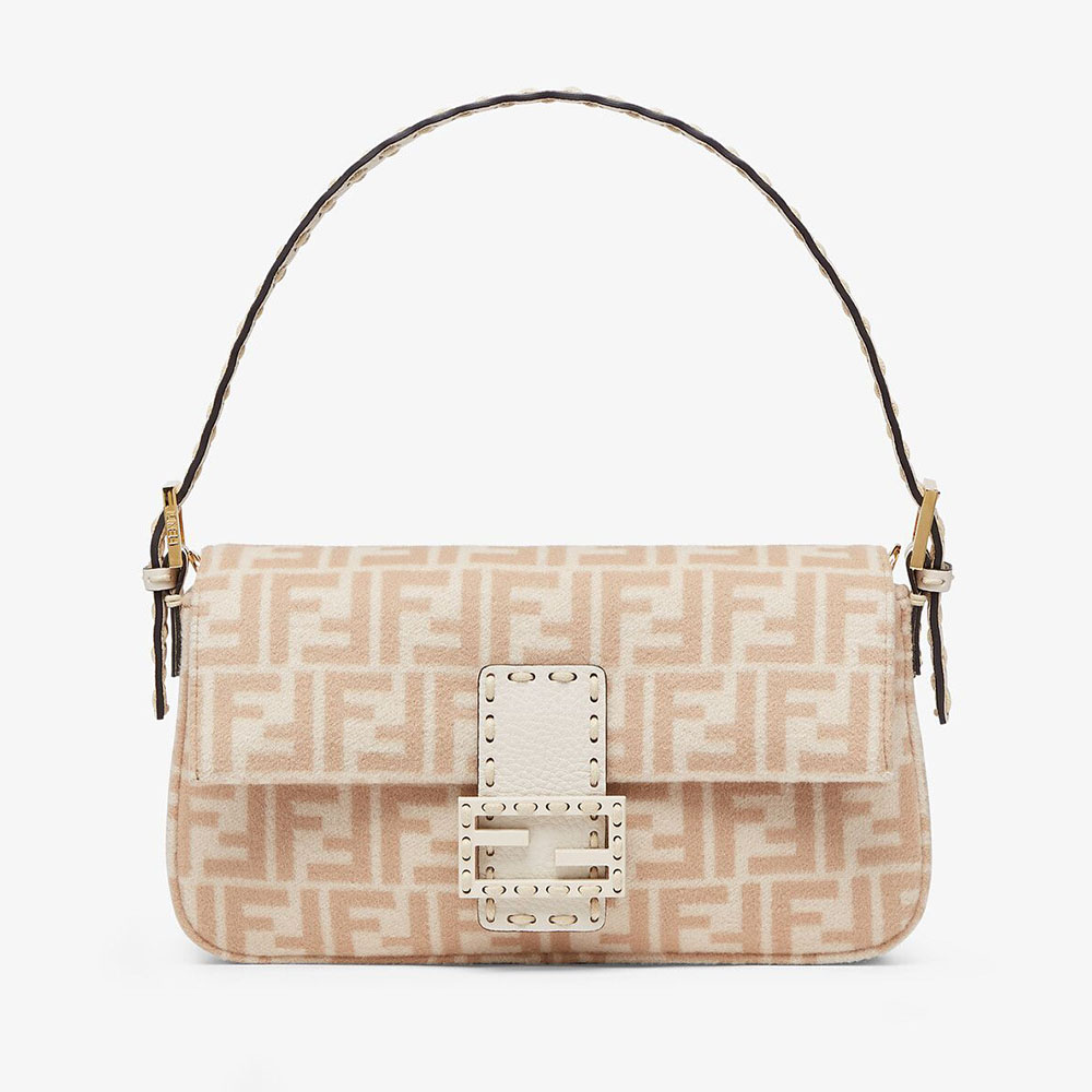 Fendi Women Medium Baguette 1997 Beige FF Wool Bag 1 Fendi Women Medium Baguette 1997 Beige FF Wool Bag