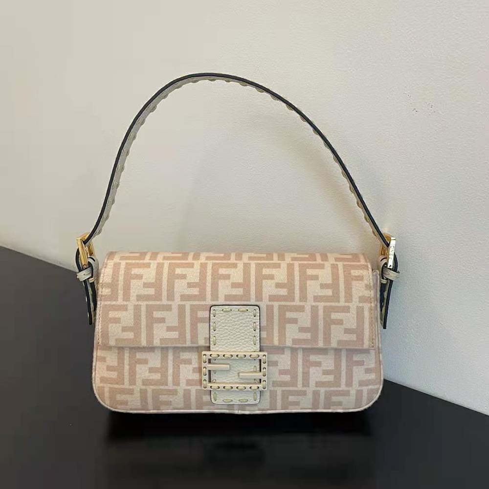 Fendi Women Medium Baguette 1997 Beige FF Wool Bag 2 Fendi Women Medium Baguette 1997 Beige FF Wool Bag - Image 2