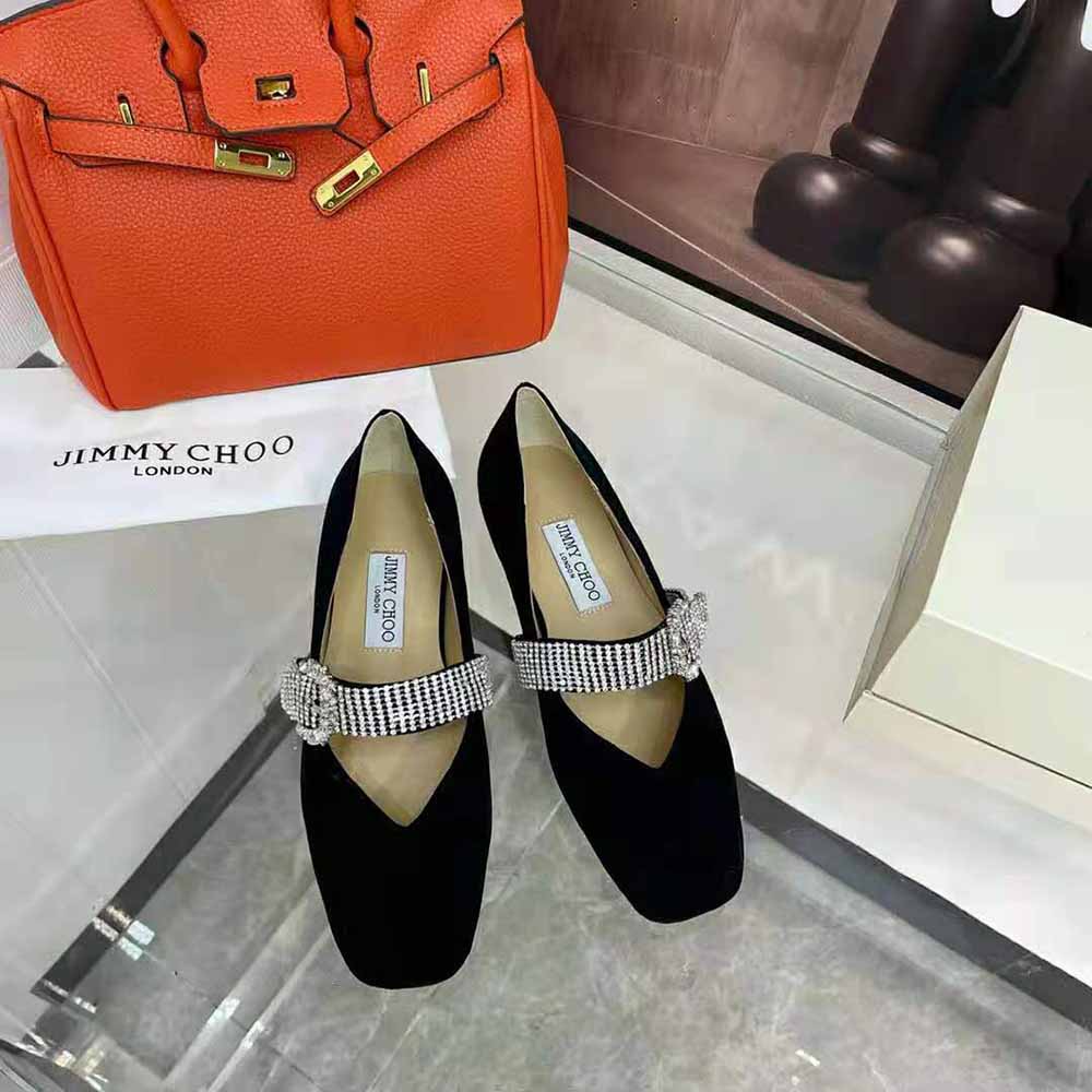 Jimmy Choo Women Krista Flat Black Suede Flats with Crystal