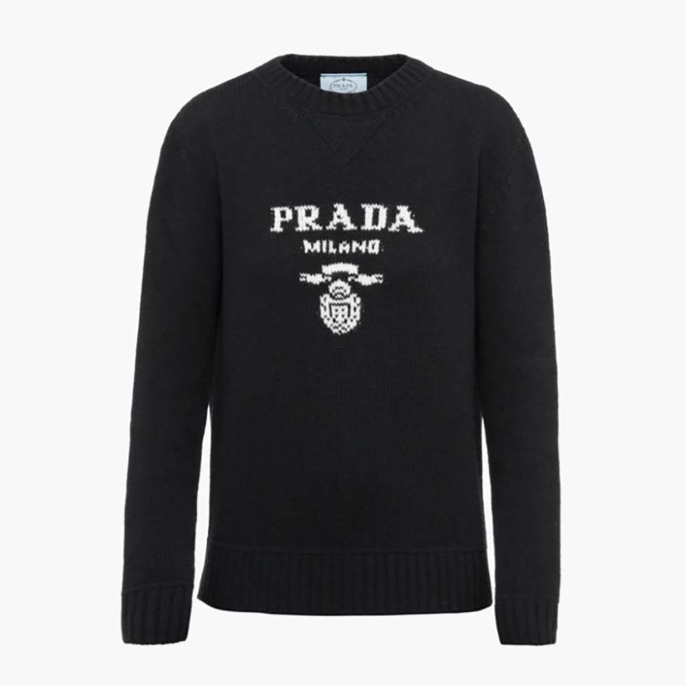 Prada Women Cashmere and Wool Prada Logo Crew-Neck Sweater-Silver
