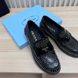 Prada Women Chocolate Satin Loafers with Crystals-Black
