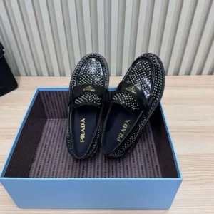 Prada Women Chocolate Satin Loafers with Crystals-Black