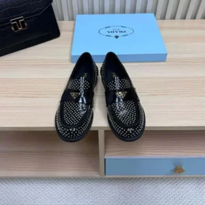 Prada Women Chocolate Satin Loafers with Crystals-Black