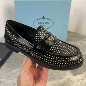 Prada Women Chocolate Satin Loafers with Crystals-Black