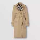 Burberry Women Check Panel Cotton Gabardine Trench Coat-Beige