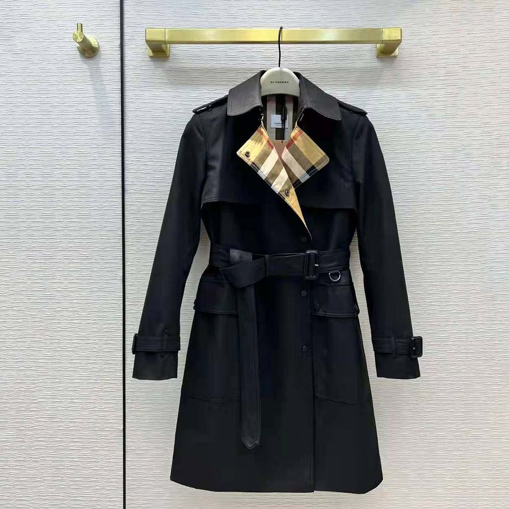 vintage check panel cotton gabardine trench coat