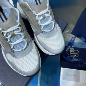 B22 Sneaker White and Blue Technical Mesh and Gray Calfskin