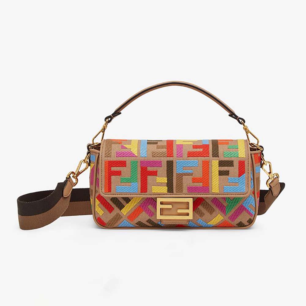 FENDI: Baguette bag in canvas with embroidered multicolor FF monogram -  Multicolor