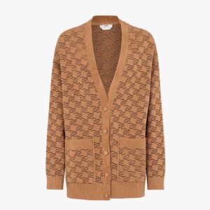Fendi Women Sweater Beige Velvet and Viscose Cardigan with V-neck and Low-Cut Set-in Sleeves