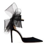 Jimmy Choo Women Averly 100 Black Pumps with Asymmetric Grosgrain Mesh Fascinator Bows