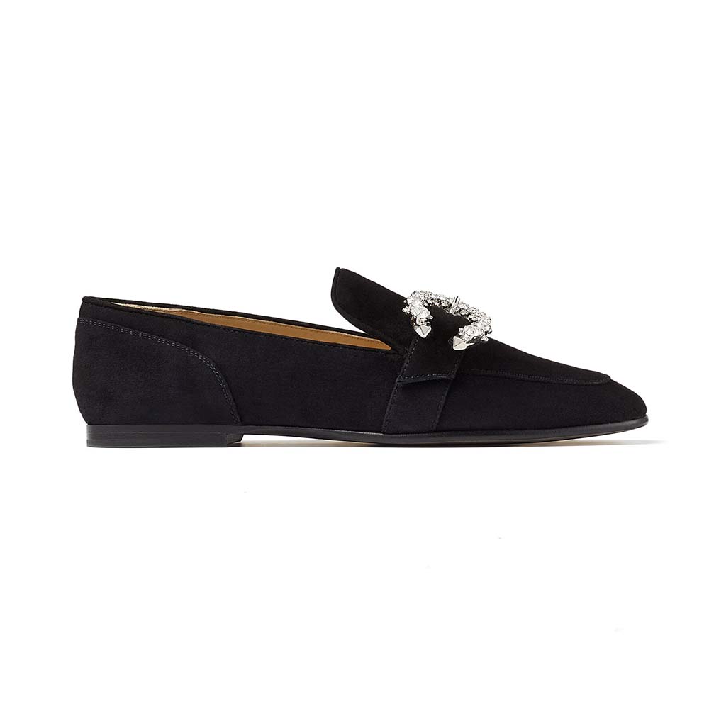 Jimmy Choo Women Mani Flat Black Suede Loafers with Crystal Buckle