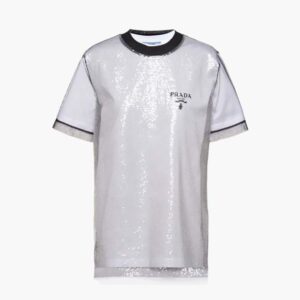 Prada Women Sequin-Embroidered Tulle and Jersey T-shirt-Black