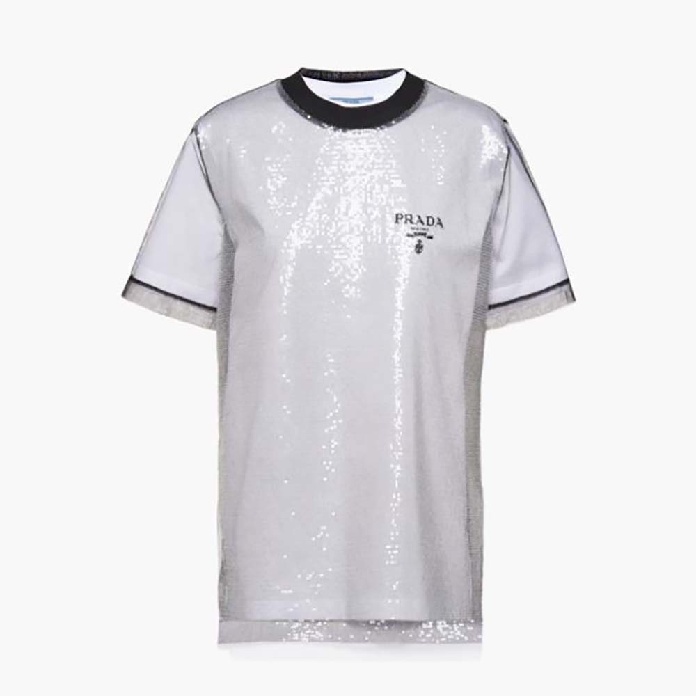 PRADA チュール ジャージー レイヤード Tシャツ Prada Women Sequin-Embroidered Tulle and Jersey T-shirt-Black