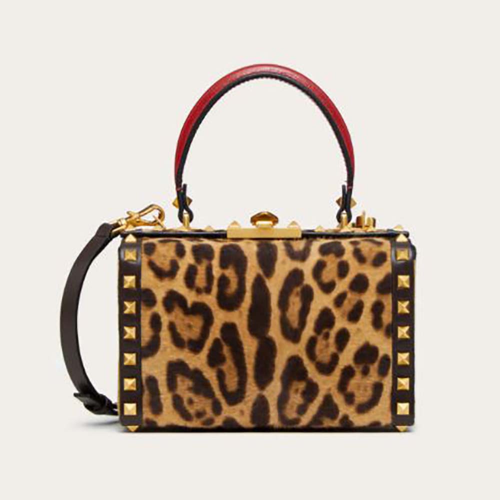 Valentino Women Rockstud Alcove Calf Hair Box Bag with Leopard Print
