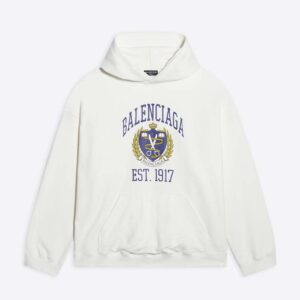 Balenciaga Men College Wide Fit Hoodie in off-white and Dark Blue Medium Fleece