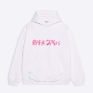 Balenciaga Women Slime Hoodie Wide Fit in White and Pink Heavy Fleece