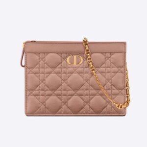 Dior Women Caro Zipped Pouch with Chain Cedar Green Supple Cannage Calfskin