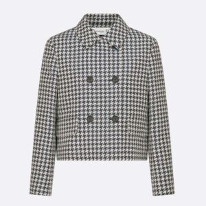 Dior Women Cropped Jacket Navy Blue Technical Cotton Jacquard with Micro Houndstooth Motif