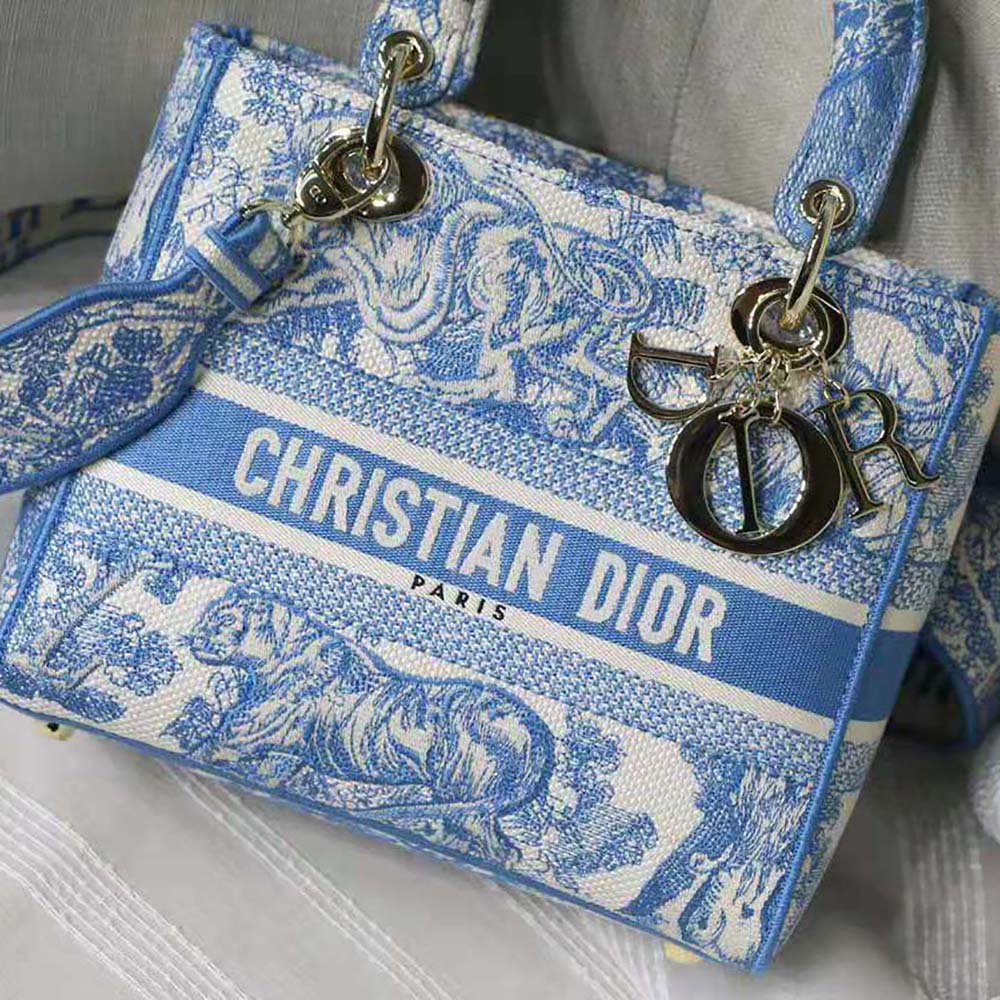 Dior Cornflower Blue Toile de Jouy Embroidery D-Bubble Bucket Bag Dior