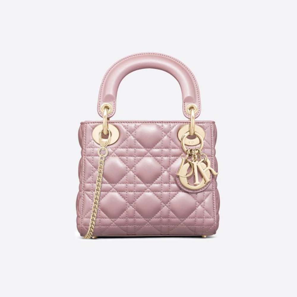 Dior Women Mini Lady Dior Bag Pearlescent Cannage Lambskin-Pink