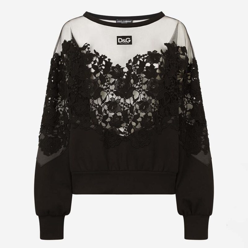 Dolce Gabbana D&G Women Technical Jersey Sweatshirt with Flocked Rose Print and Bustier Details