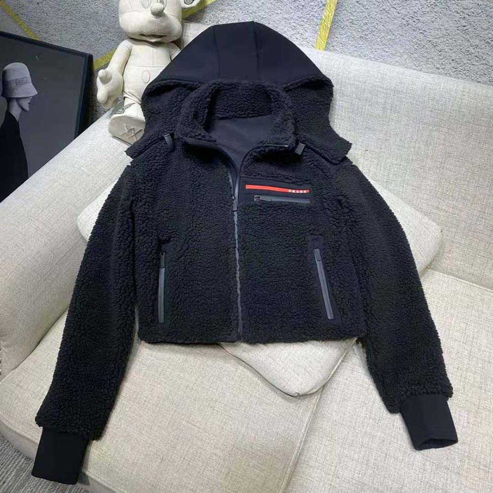 Prada Women Cropped Recycled Fleece Down Jacket-Black 2 Prada Women Cropped Recycled Fleece Down Jacket-Black - Image 2
