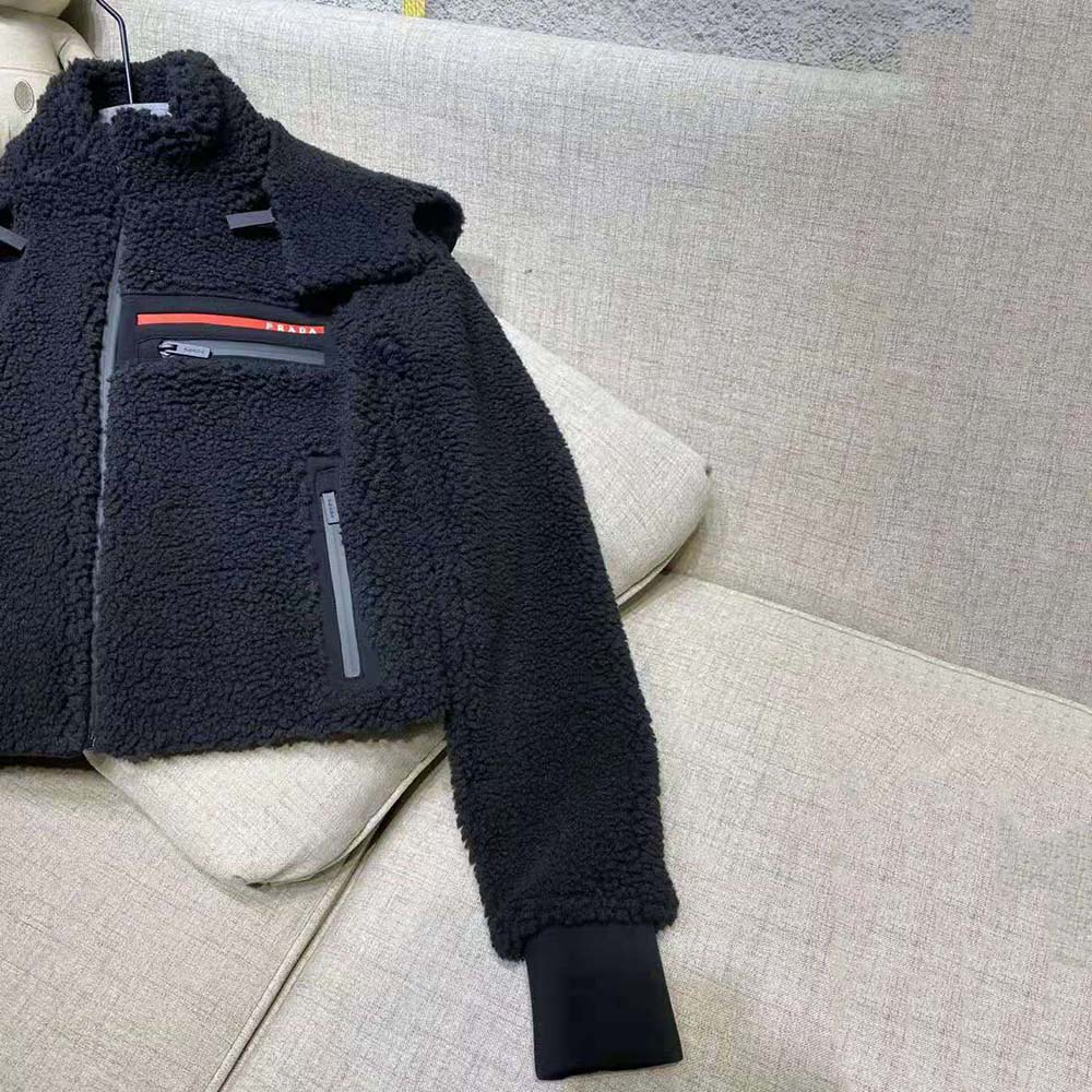 Prada Women Cropped Recycled Fleece Down Jacket-Black 8 Prada Women Cropped Recycled Fleece Down Jacket-Black - Image 8