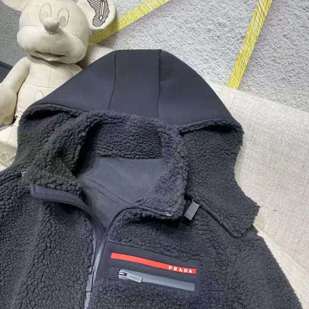 Prada Women Cropped Recycled Fleece Down Jacket-Black 6 Prada Women Cropped Recycled Fleece Down Jacket-Black - Image 6