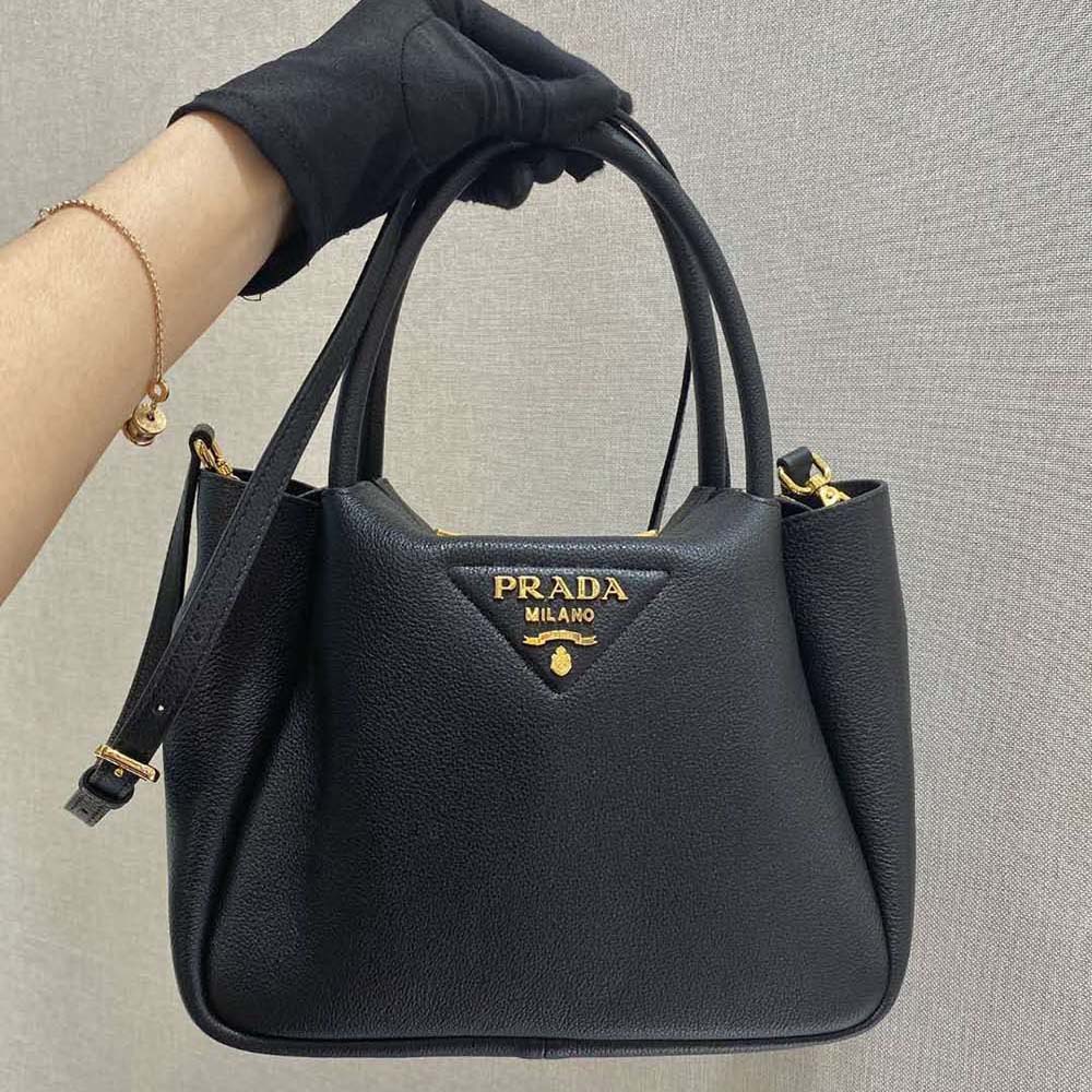Shop PRADA Classic Small leather bag logo-embroidered shoulder strap 1BH192  by Fujistyle