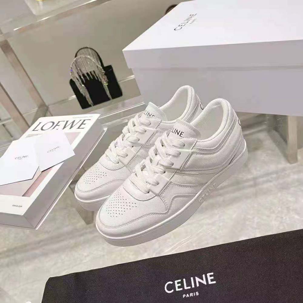 CT-10 Celine Trainer Low Lace-Up Sneaker in Calfskin Leather, Laminated Calfskin Leather and Suede Calfskin Leather - White - Size : 35 - for Women