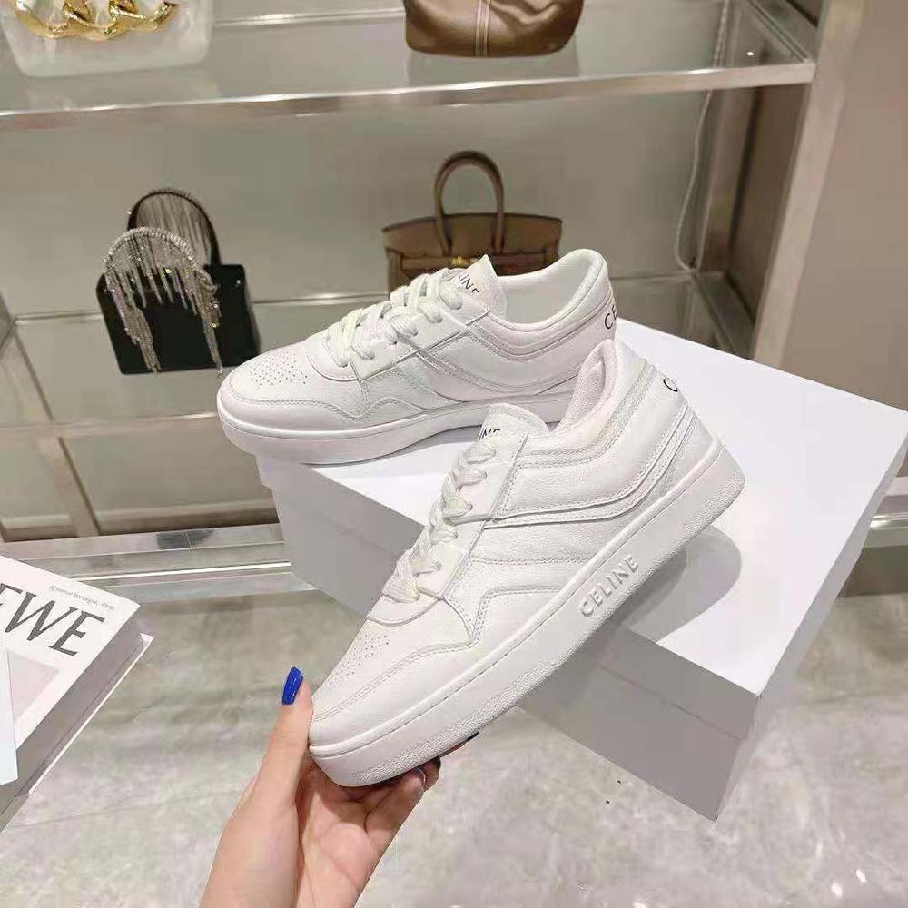 CT-10 Celine Trainer Low Lace-Up Sneaker in Calfskin Leather, Laminated Calfskin Leather and Suede Calfskin Leather - White - Size : 35 - for Women