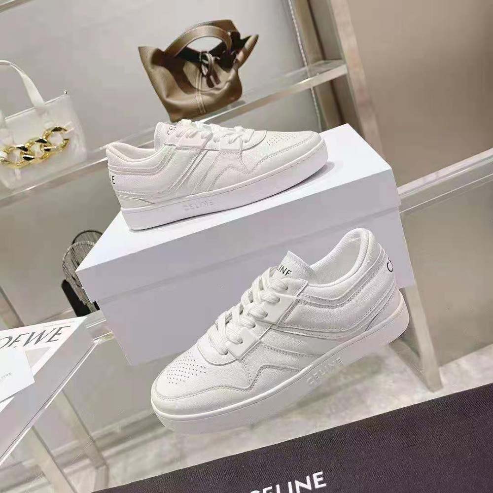 CT-10 Celine Trainer Low Lace-Up Sneaker in Calfskin Leather, Laminated Calfskin Leather and Suede Calfskin Leather - White - Size : 35 - for Women