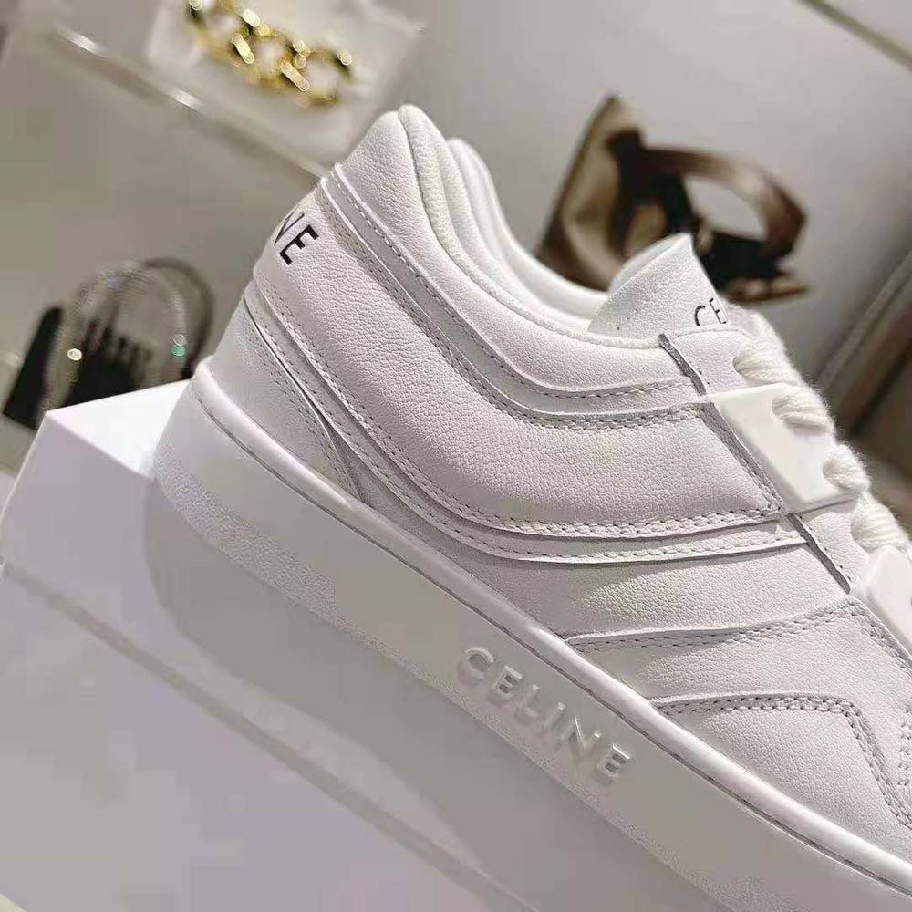 CT-10 Celine Trainer Low Lace-Up Sneaker in Calfskin Leather, Laminated Calfskin Leather and Suede Calfskin Leather - White - Size : 35 - for Women