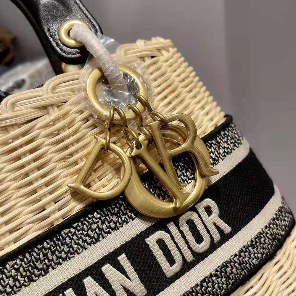 Dior - Mini Lady Dior Bag Natural Wicker and Blue Dior Oblique Jacquard - Women