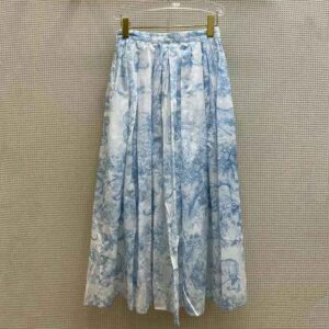 Mid-Length Skirt White and Navy Blue Toile de Jouy Cotton Muslin