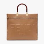 Fendi Women Sunshine Medium Brown Leather Shopper with Decorative Stitching