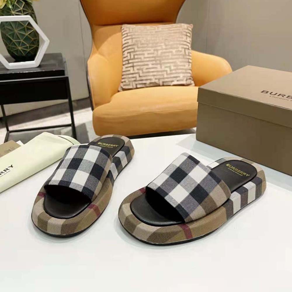 Burberry Women Check Cotton Slides Containing Organic Cotton Brown