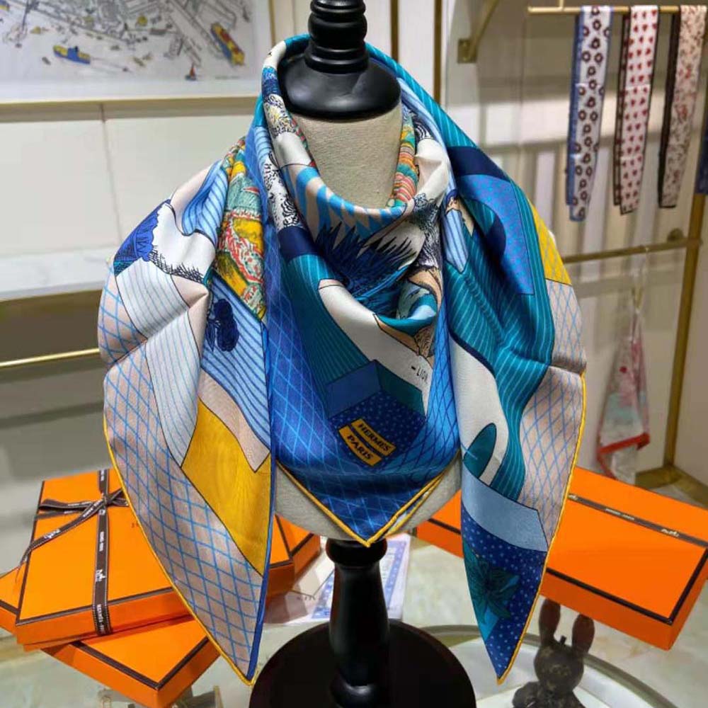 Hermes Grand Theatre Nouveau Scarf Blue Royal / Mordore / Blanc Silk 90