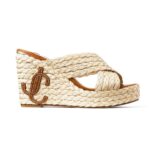 Jimmy Choo Women Dovina 100 Natural Raffia Wedge Mules with JC Monogram