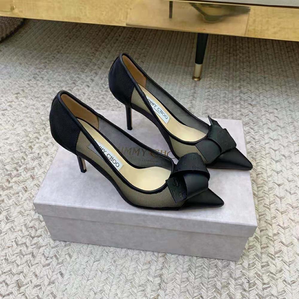 Jimmy Choo Women Lani 100 Black Mesh Pumps with JC Monogram Leather Bow 3 Jimmy Choo Women Lani 100 Black Mesh Pumps with JC Monogram Leather Bow - Image 3