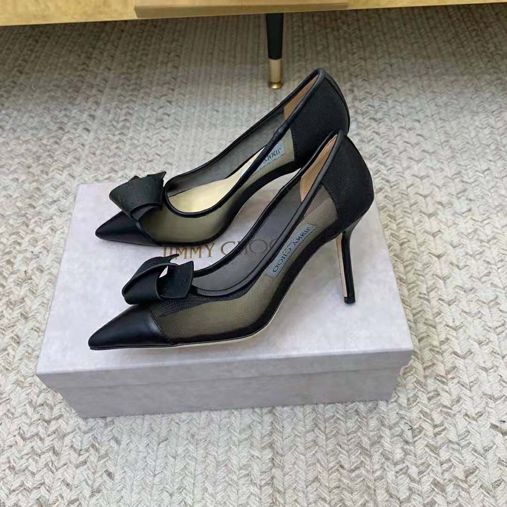 Jimmy Choo Women Lani 100 Black Mesh Pumps with JC Monogram Leather Bow 6 Jimmy Choo Women Lani 100 Black Mesh Pumps with JC Monogram Leather Bow - Image 6