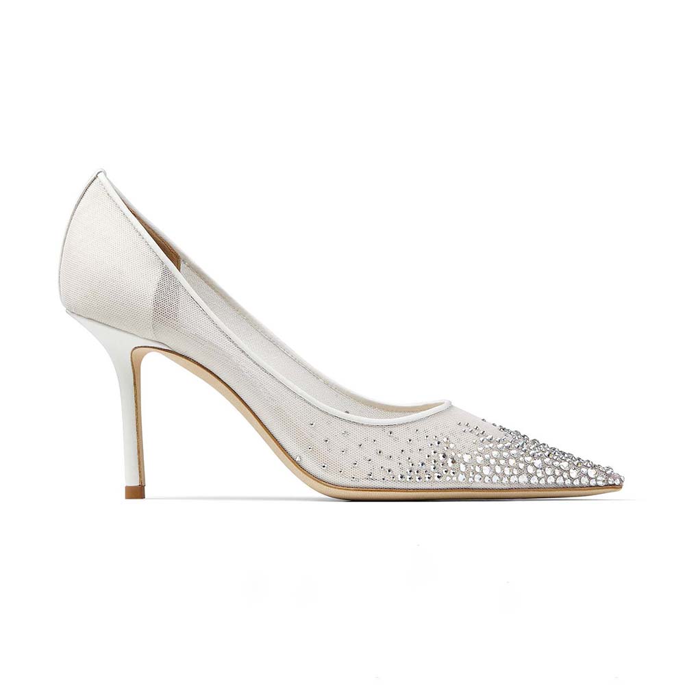 Jimmy Choo Women Love 85 White Mesh Pointed-Toe Pumps with Degrade Crystals