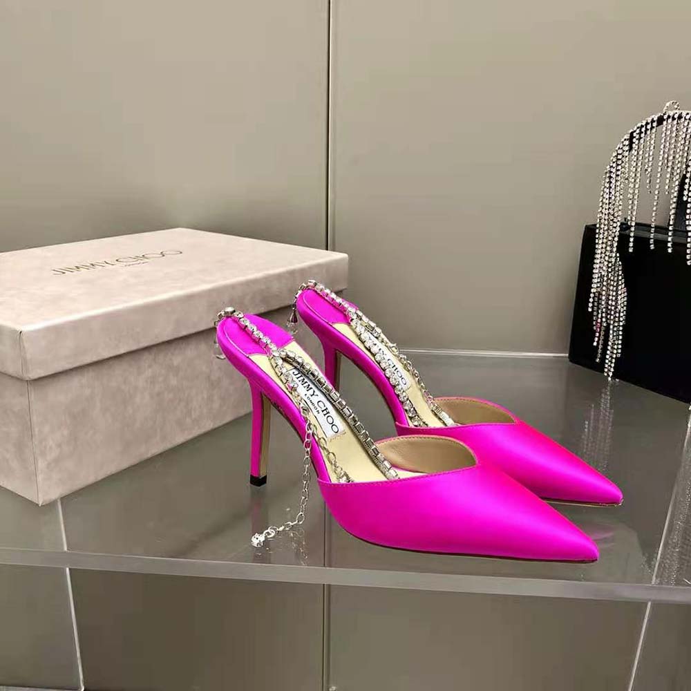 Jimmy Choo Women Saeda 100 Fuchsia Satin Pumps with Crystal Embellishment 4 Jimmy Choo Women Saeda 100 Fuchsia Satin Pumps with Crystal Embellishment - Image 4