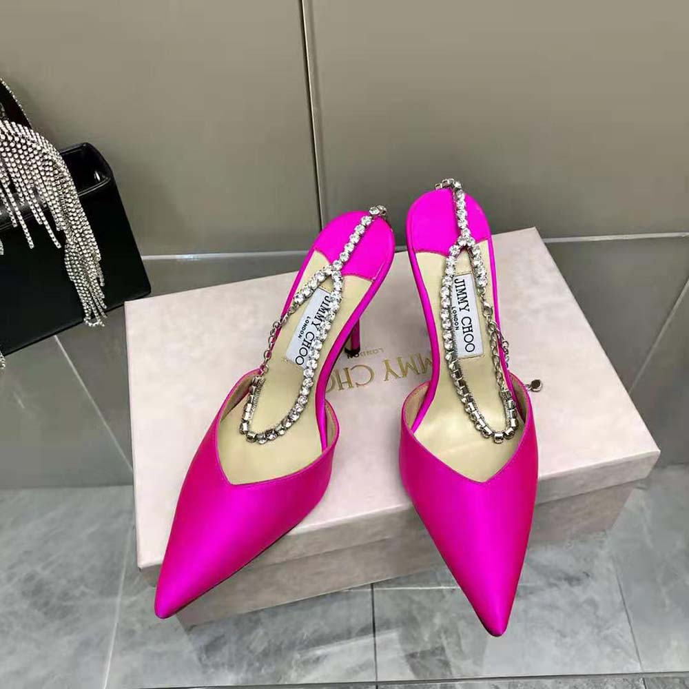 Jimmy Choo Women Saeda 100 Fuchsia Satin Pumps with Crystal Embellishment 2 Jimmy Choo Women Saeda 100 Fuchsia Satin Pumps with Crystal Embellishment - Image 2