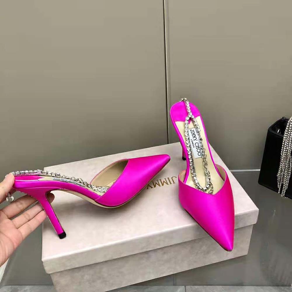 Jimmy Choo Women Saeda 100 Fuchsia Satin Pumps with Crystal Embellishment 5 Jimmy Choo Women Saeda 100 Fuchsia Satin Pumps with Crystal Embellishment - Image 5