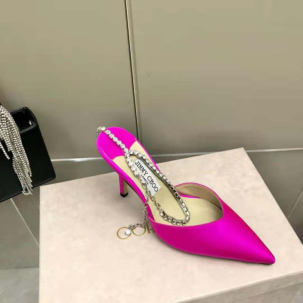 Jimmy Choo Women Saeda 100 Fuchsia Satin Pumps with Crystal Embellishment 6 Jimmy Choo Women Saeda 100 Fuchsia Satin Pumps with Crystal Embellishment - Image 6