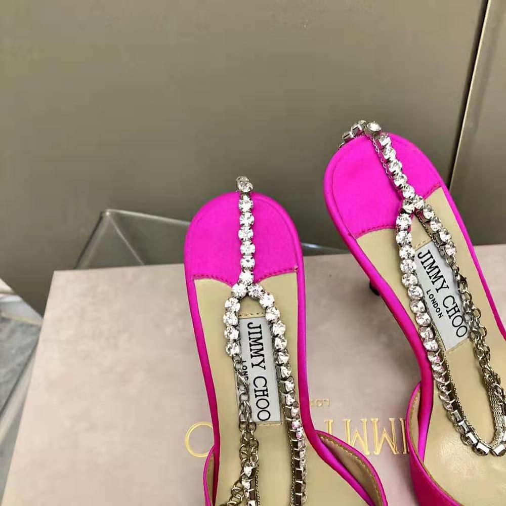 Jimmy Choo Women Saeda 100 Fuchsia Satin Pumps with Crystal Embellishment 8 Jimmy Choo Women Saeda 100 Fuchsia Satin Pumps with Crystal Embellishment - Image 8