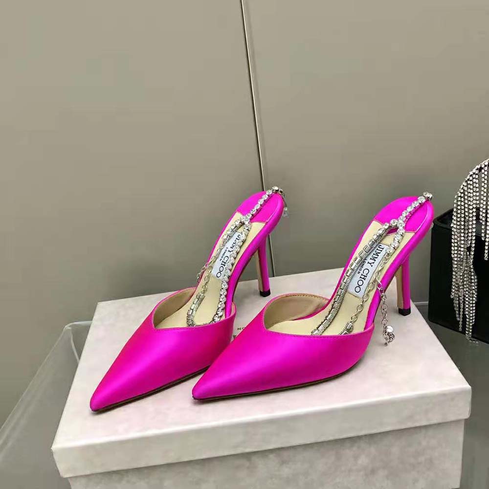 Jimmy Choo Women Saeda 100 Fuchsia Satin Pumps with Crystal Embellishment 3 Jimmy Choo Women Saeda 100 Fuchsia Satin Pumps with Crystal Embellishment - Image 3